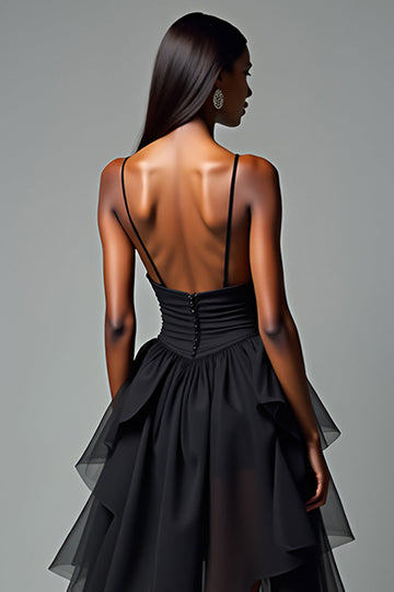 A Line Spaghetti Straps Robe cravate noire à volants à volants
